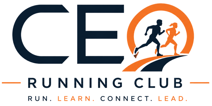 CEO Running Club logo with orange and navy text, a runner icon, and 
