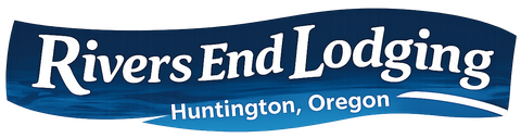 Rivers End Lodging logo in blue and white, with “Huntington, Oregon” below