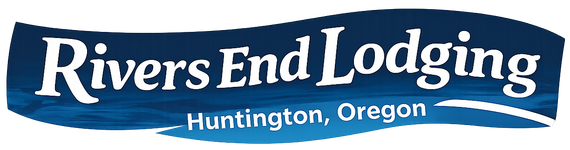 Rivers End Lodging logo in blue and white, with “Huntington, Oregon” below