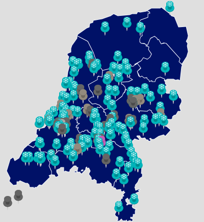 Kaart van Nederland met pinnetjes van, Koel- en vrieshuizen, geassoscieerde leden partners en preferred suppliers