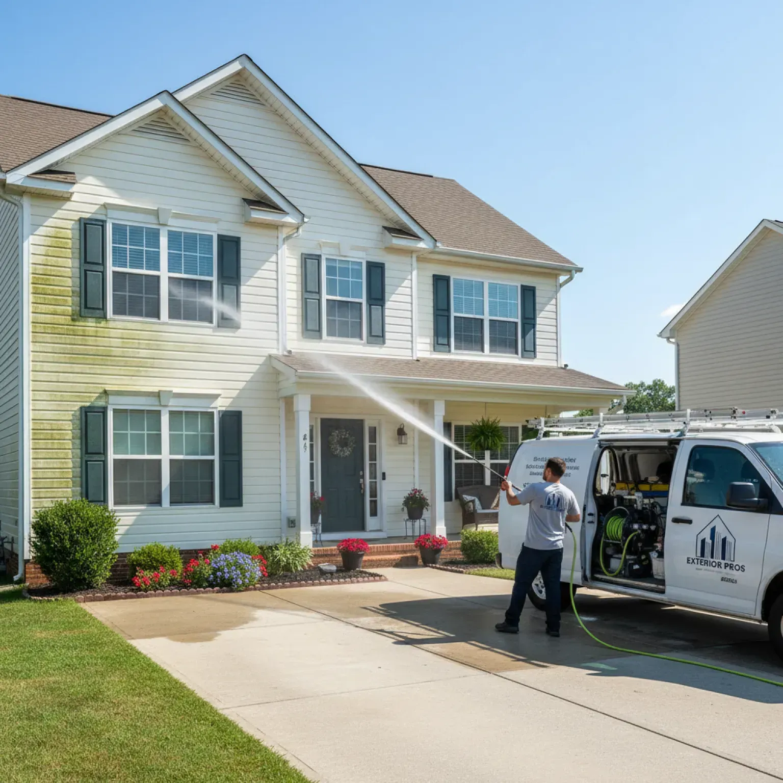 Worker beside a white service van outside a two-story suburban house on a sunny day