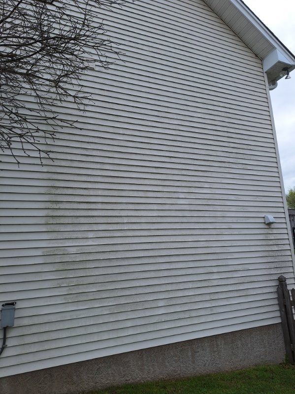Side view of a white-sided house with a small window, gray foundation, and leafless tree branches.