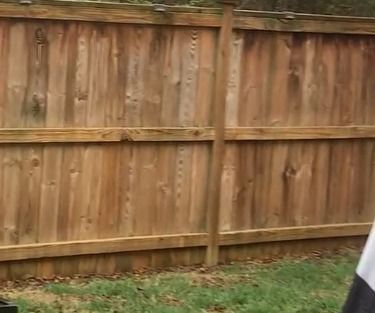 Wooden backyard fence with grass at the bottom and a small glimpse of a white object on the right edge