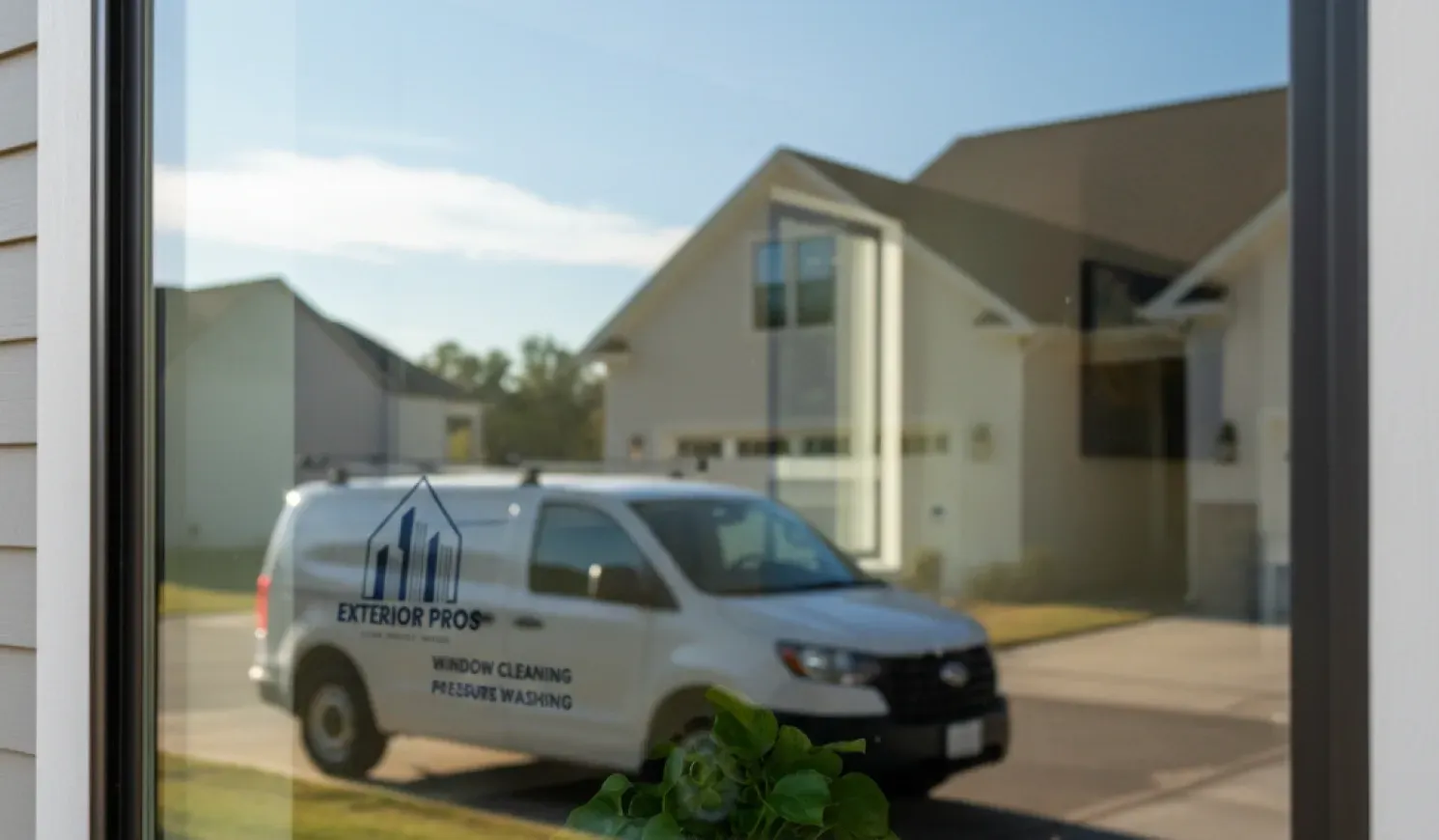 White service van parked outside a modern building with glass windows and a tall sign