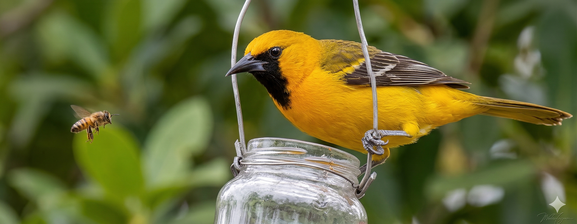 A bright yellow oriole with a black throat patch perches on a hanging glass feeder while a small bee flies nearby.