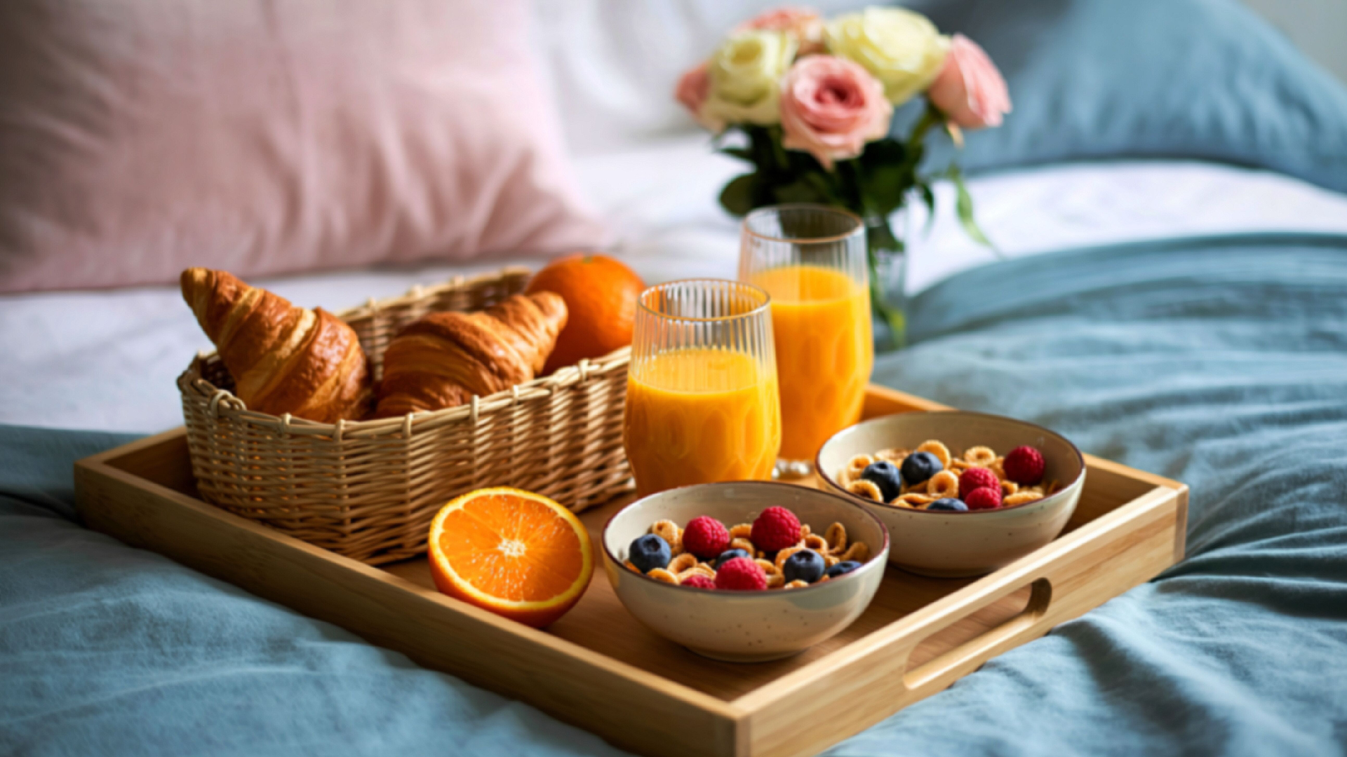 A breakfast tray on a blue bedspread with croissants, bowls of cereal with berries, orange juice, and a vase of roses.