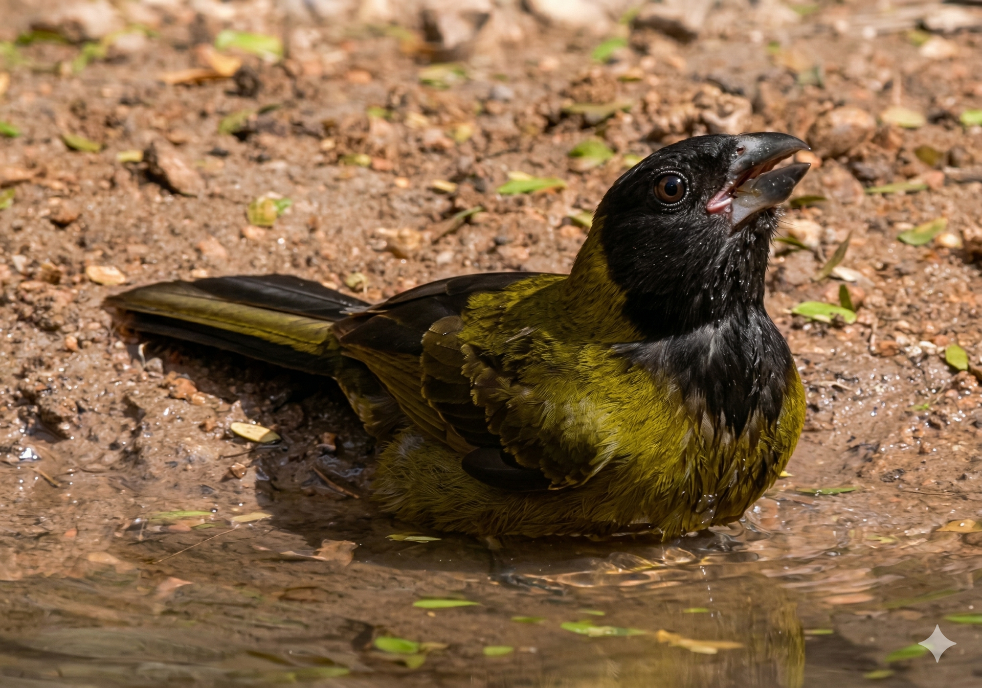 A black-headed bird with olive-green wings and body sitting and bathing in a shallow muddy pool of water.