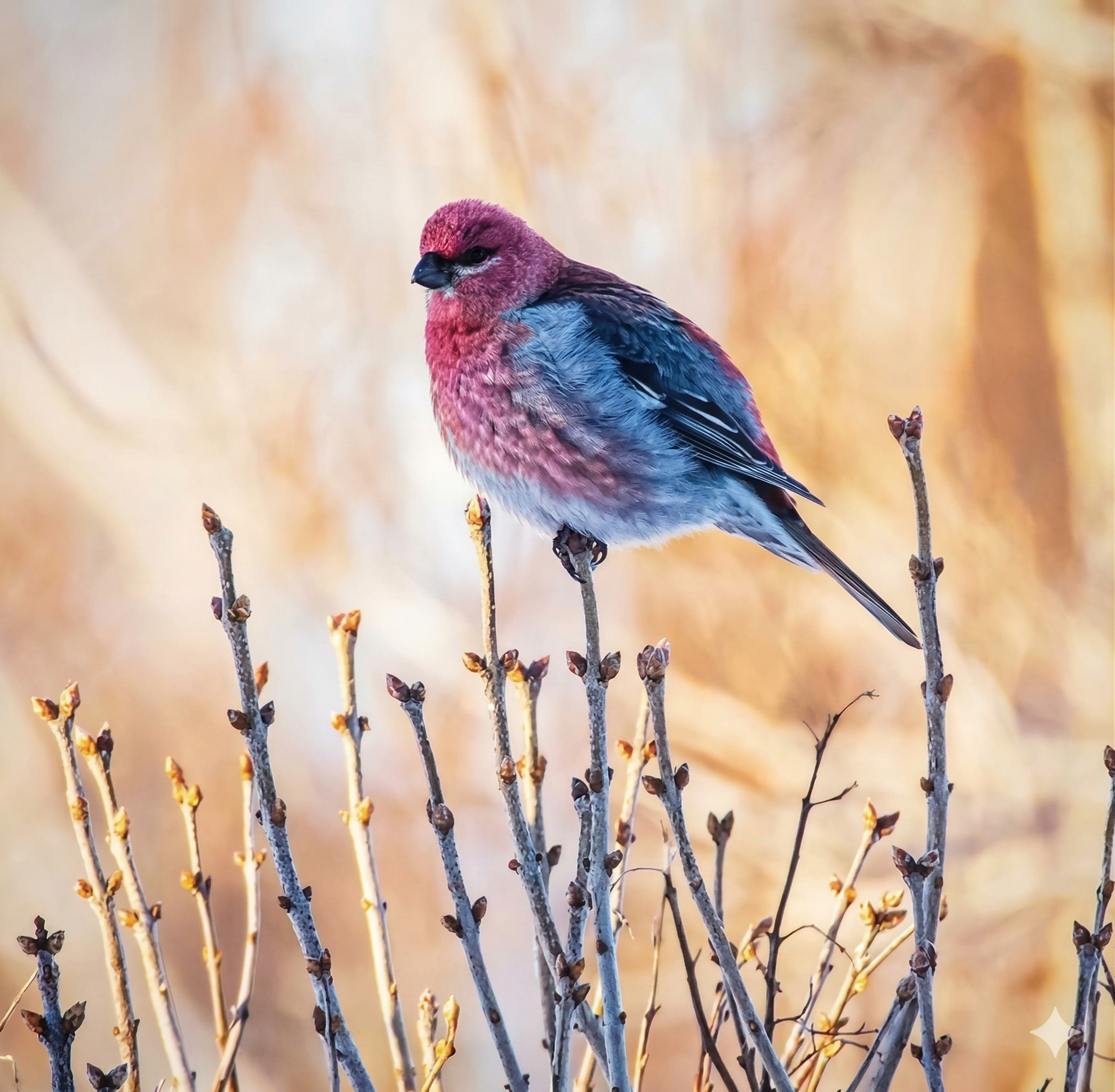 A small bird with pink, gray, and black plumage perched on bare, budding twigs against a soft, golden-brown background.