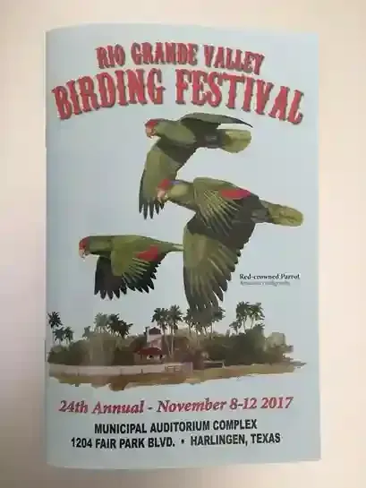 A flyer for the 24th Annual Rio Grande Valley Birding Festival, Nov 8-12 2017, in Harlingen, Texas, featuring three parrots.