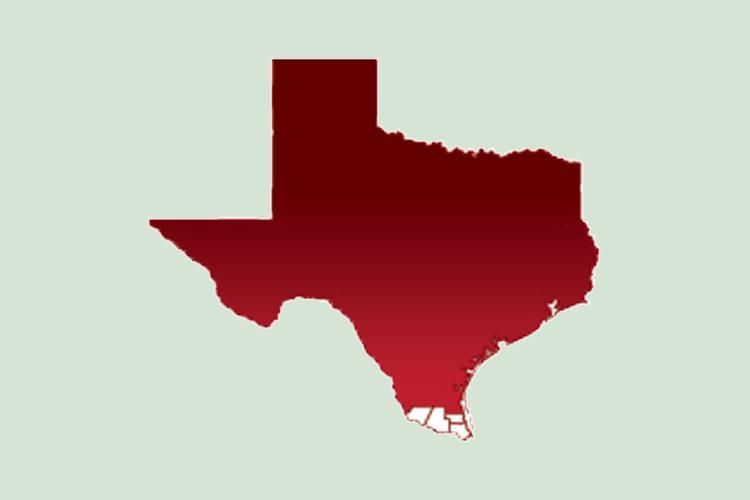 Map of Texas with the southernmost tip highlighted in white against a dark red background.