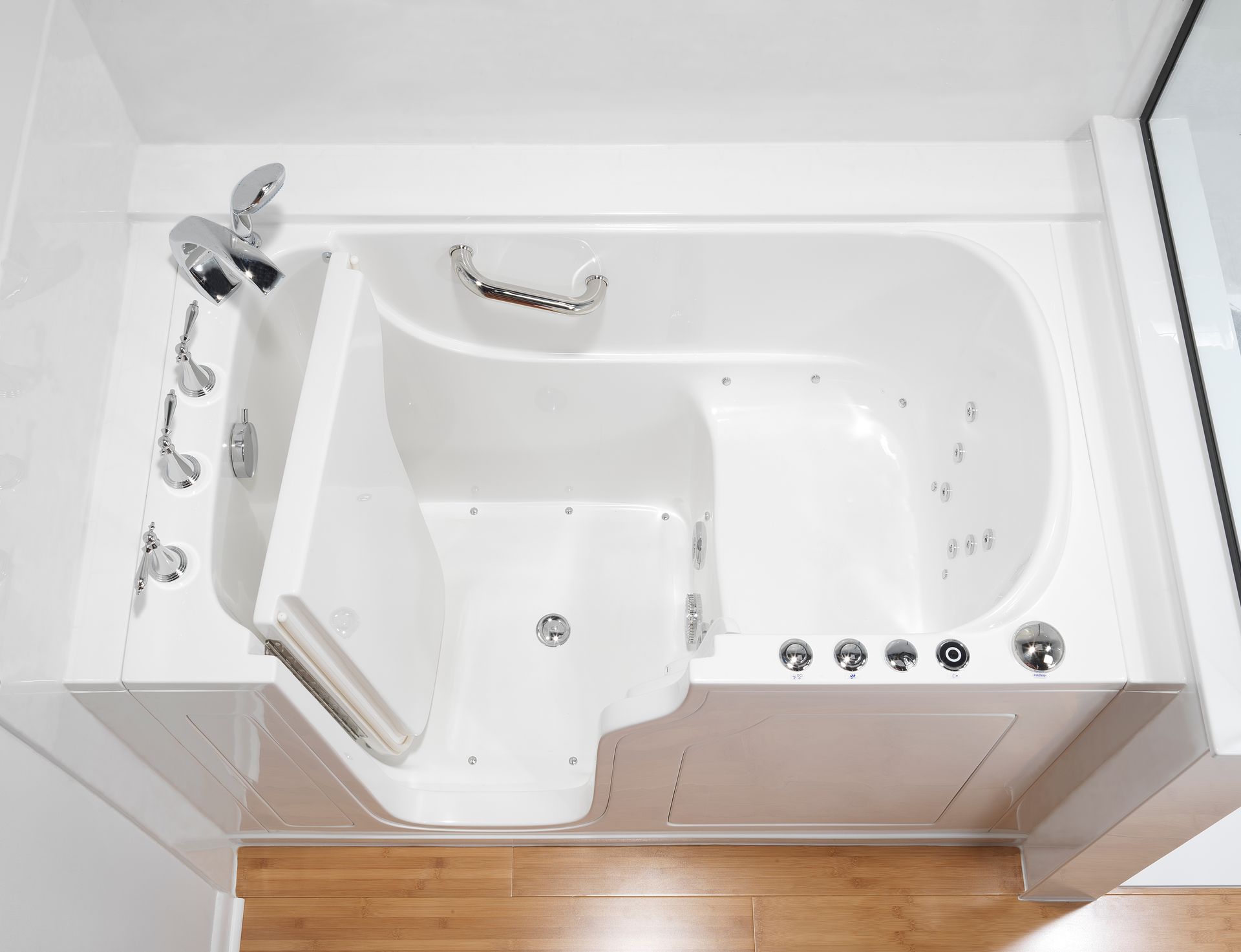 White walk-in bathtub with open door, accessible for seniors.