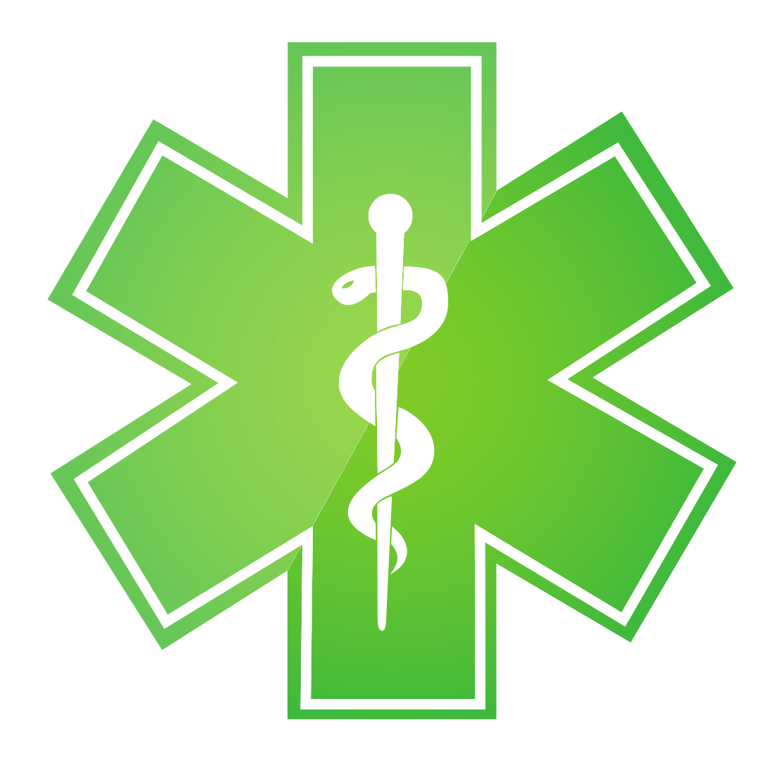 A green star of life with a caduceus sticking out of it.