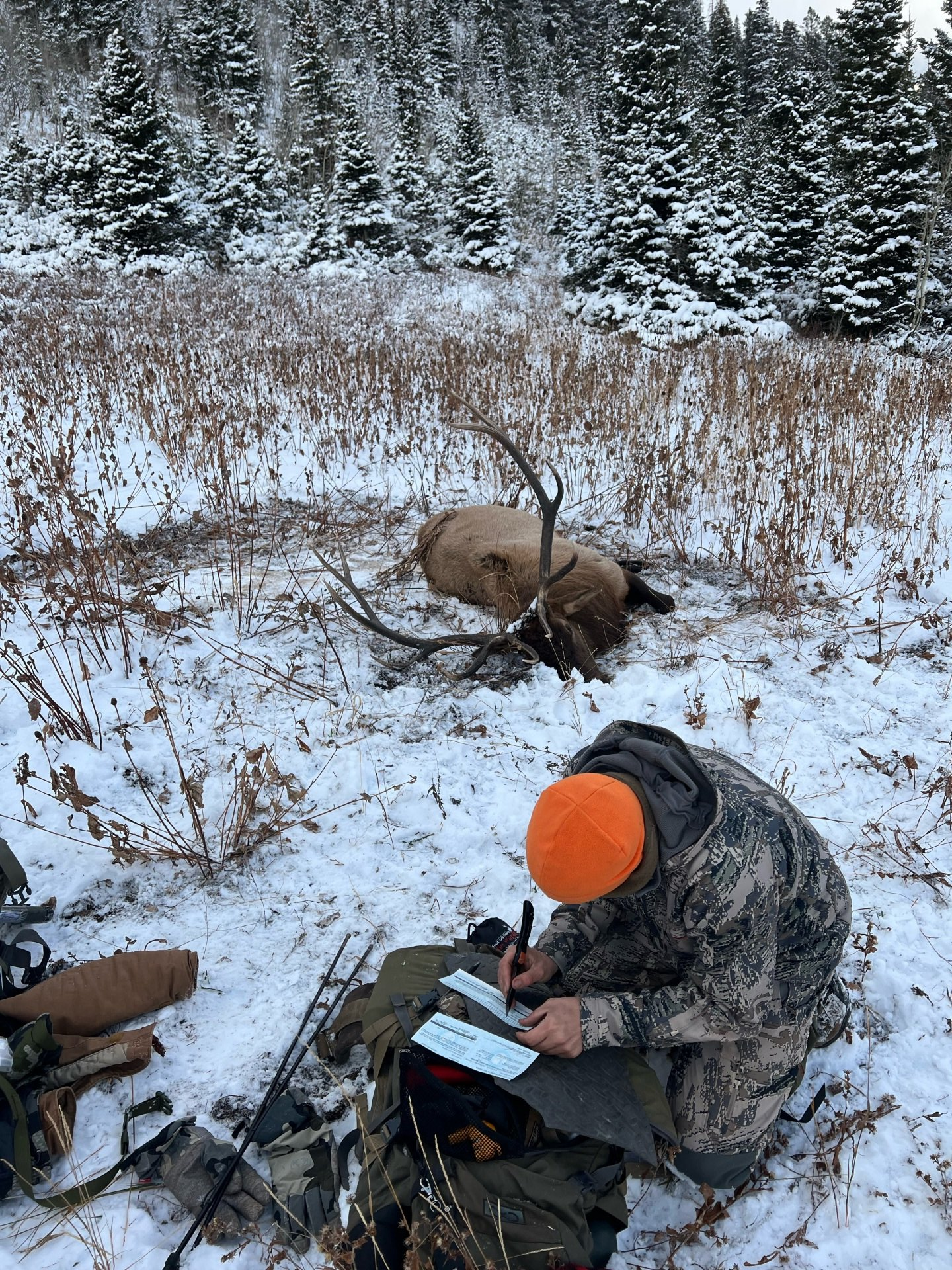 A man in an orange hat is writing on a piece of paper in the snow