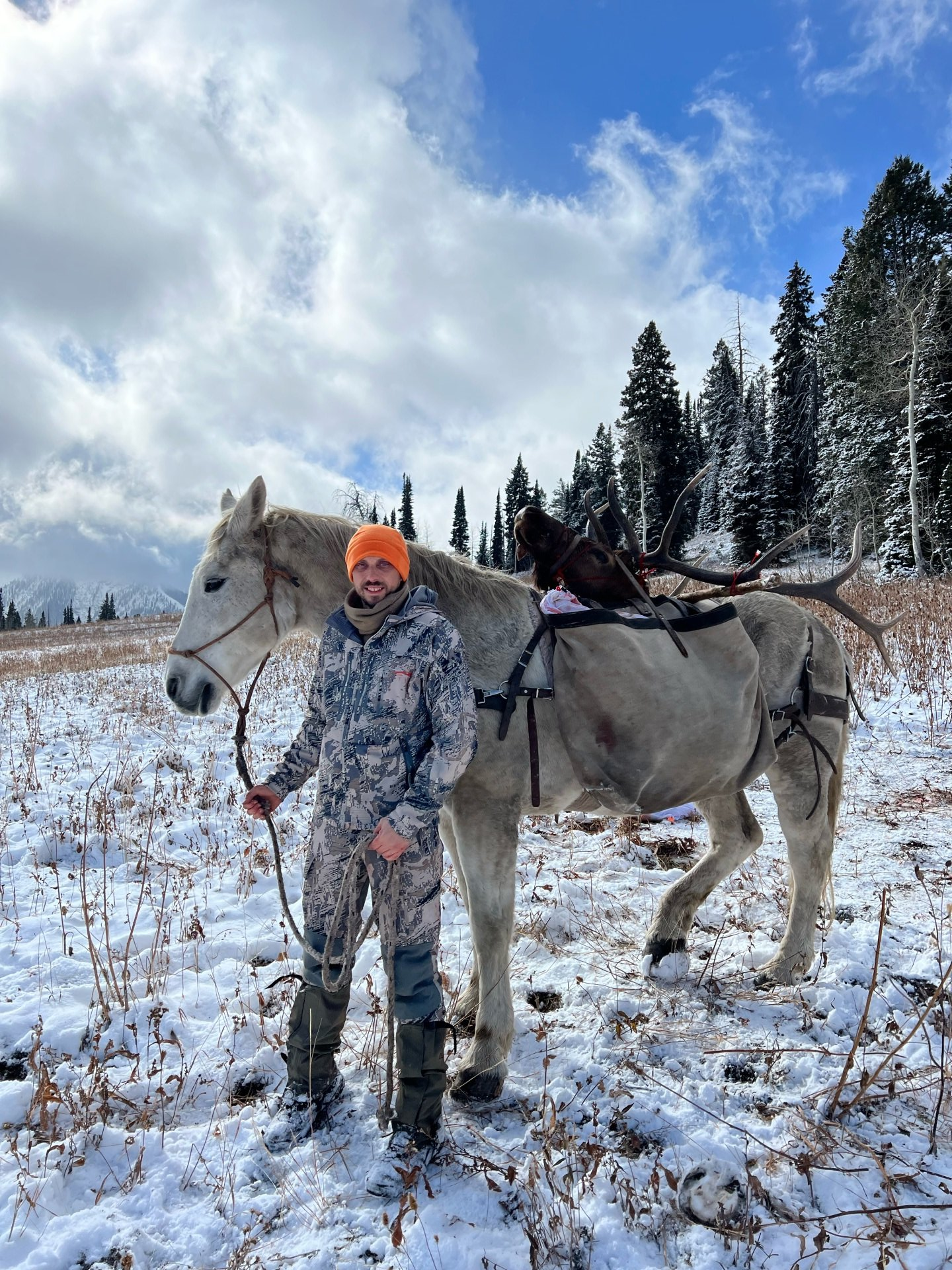 A man standing next to a horse in the snow