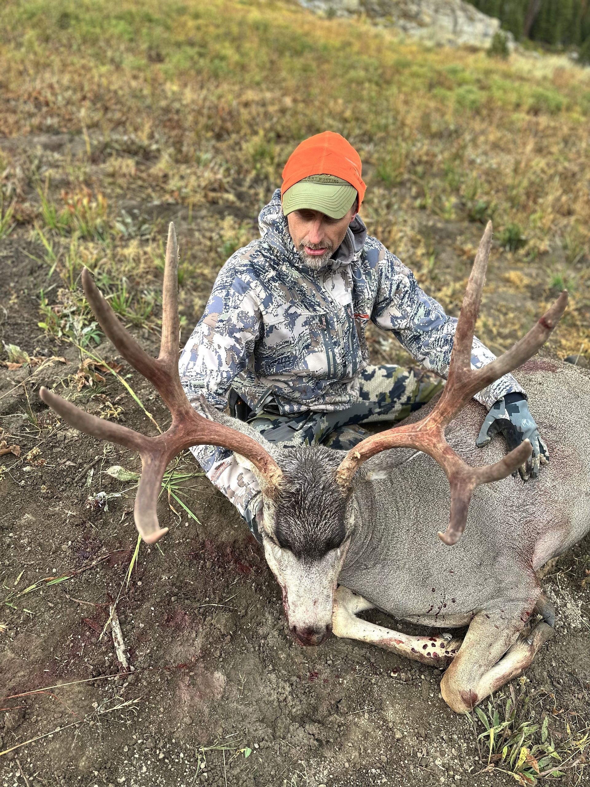 Hunter in camouflage kneels beside a large mule deer buck with impressive antlers.