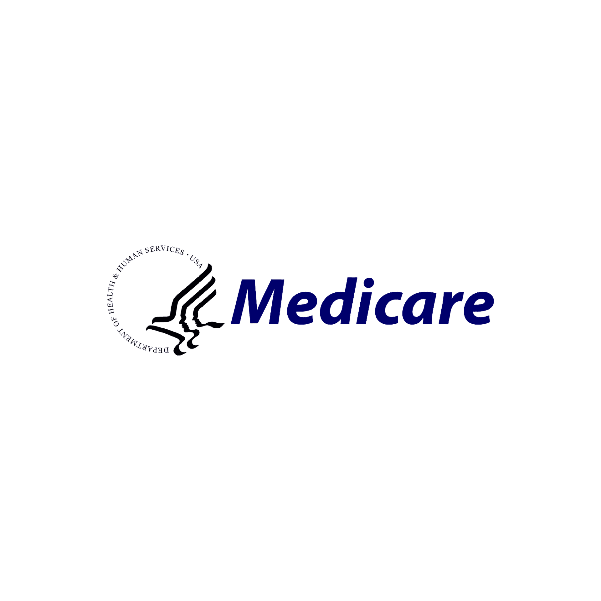Medicare logo with blue text and a stylized black profile in a dotted circle