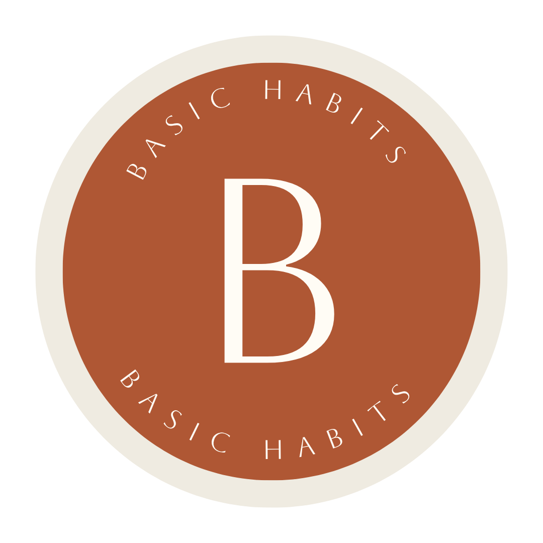 Round logo with a white &ldquo;B&rdquo; on a rust background, surrounded by &ldquo;BASIC HABITS&rdquo; text.