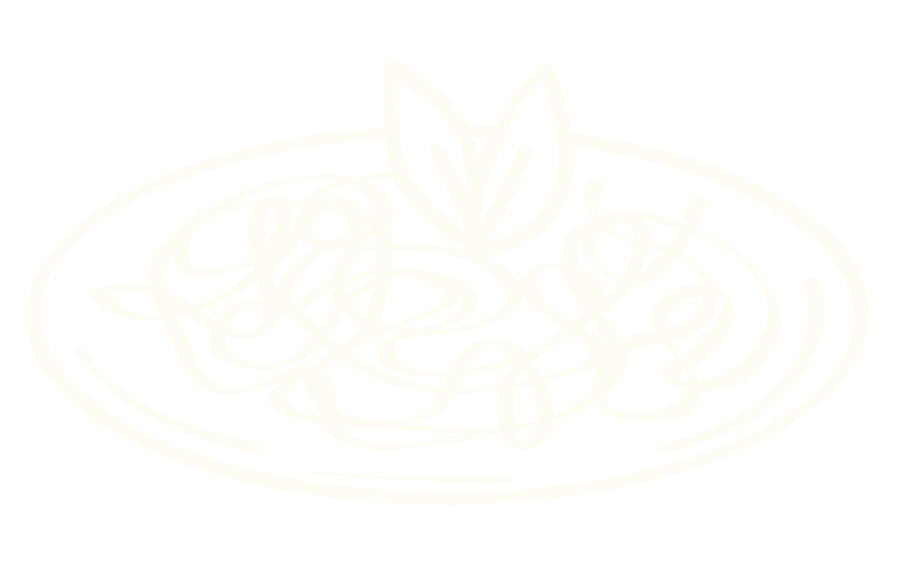 Faint line-art of a floral logo with a central flower and curling leaves on a white background
