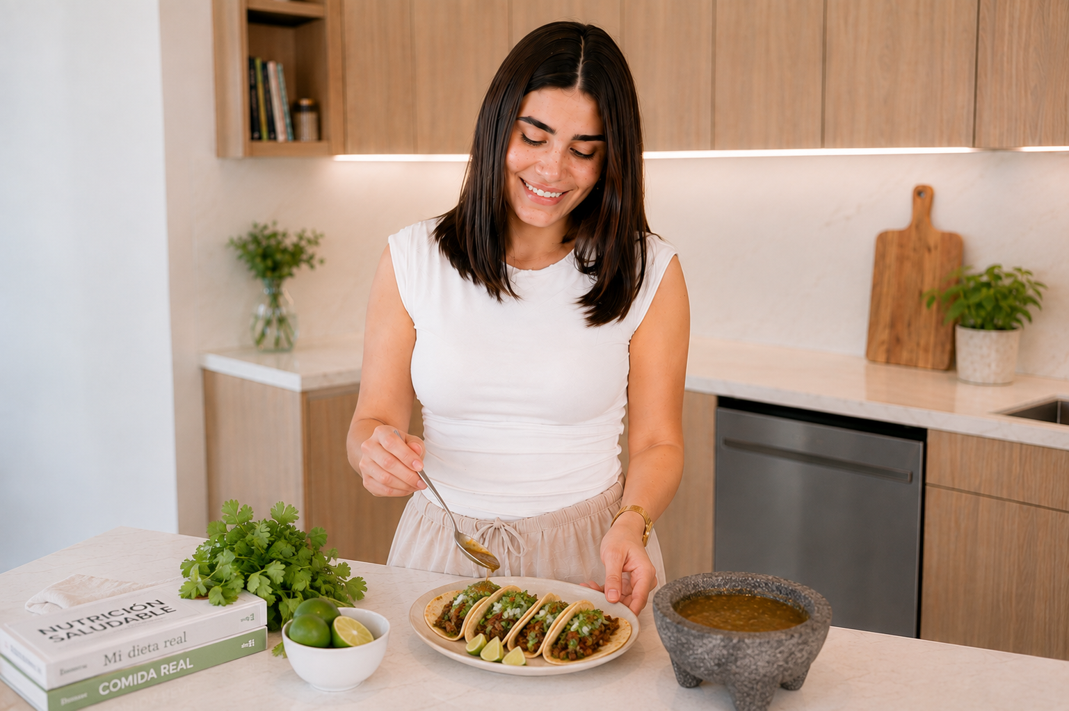 Woman serving tacos in a bright kitchen with a bowl of sauce and fresh herbs on the counter