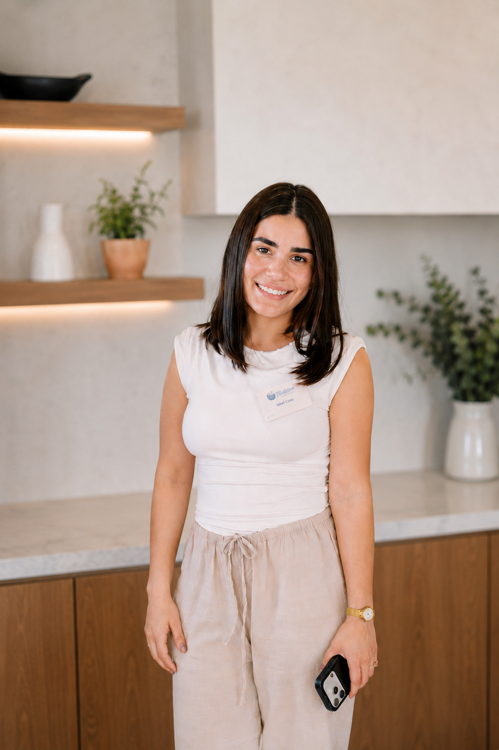 Woman standing in a modern kitchen, smiling and holding a phone, wearing a white top and beige pants