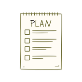 Minimal notepad icon labeled “PLAN” with checklist boxes and lines on a white background