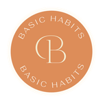 Basic Habits logo in peach circle with white “BH” monogram and text around edge