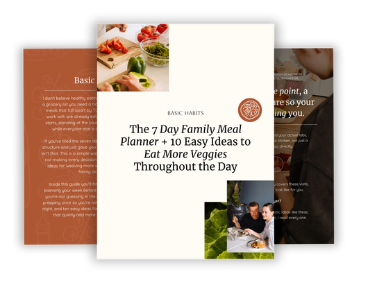 Graphic of a meal-planning booklet cover about eating more vegetables, with food photos and orange-brown panels