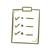 Simple clipboard checklist icon with three checked items in olive green on a white background
