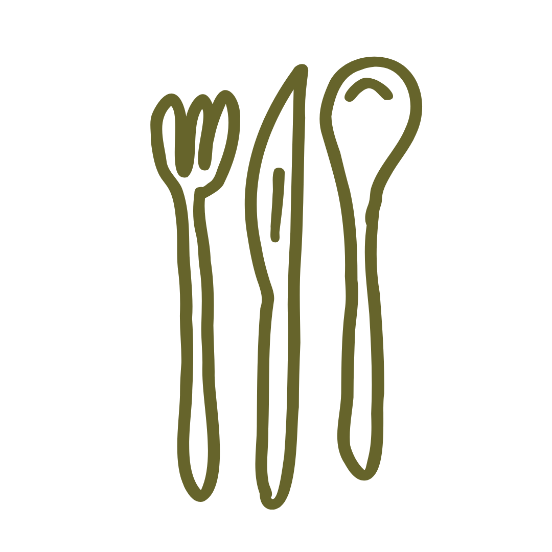 Olive green line drawing of a fork, knife, and spoon on a white background