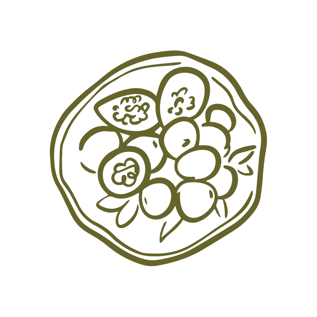 A simple line drawing of a bowl of fruit, likely grapes and sliced berries, in brown outlines.