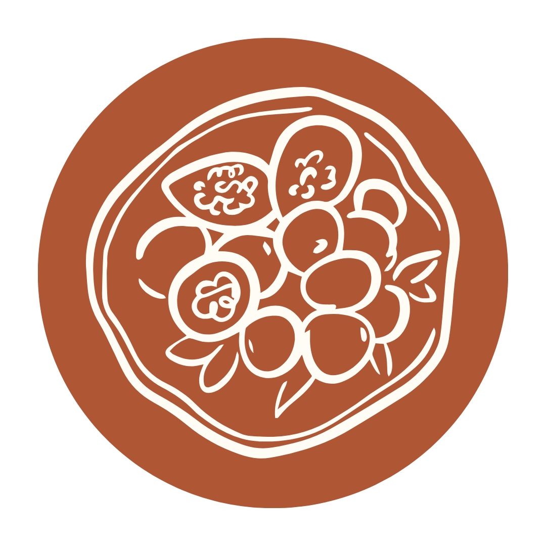 White line-art bowl of fruit on a rust-orange circular background.