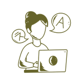 Person working on a laptop with speech bubbles, one showing an “A” and one with a sketch of a symbol.