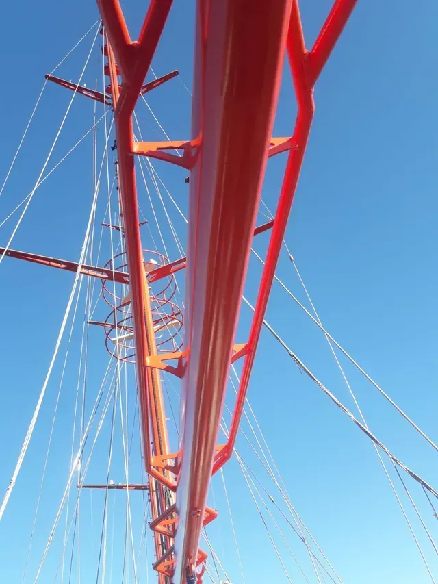 Torre metálica pintada de rojo con cables contra un cielo azul claro