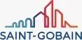 Logotipo de Saint-Gobain con un horizonte urbano estilizado en rojo y azul y texto.