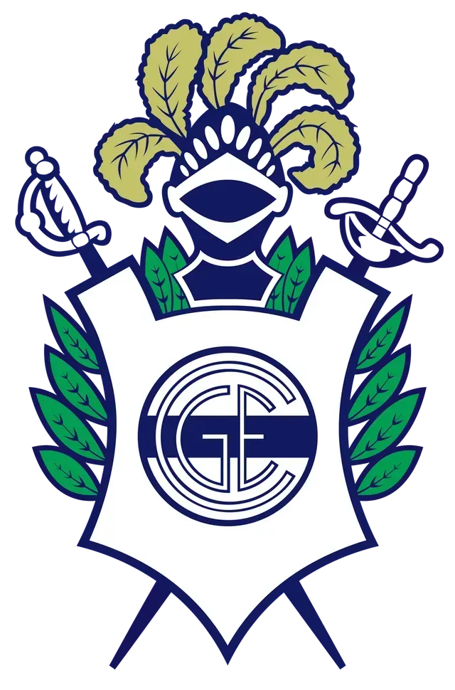 Logotipo de escudo azul y verde con ramas de laurel, espadas cruzadas y casco estilizado sobre iniciales dentro de un escudo.
