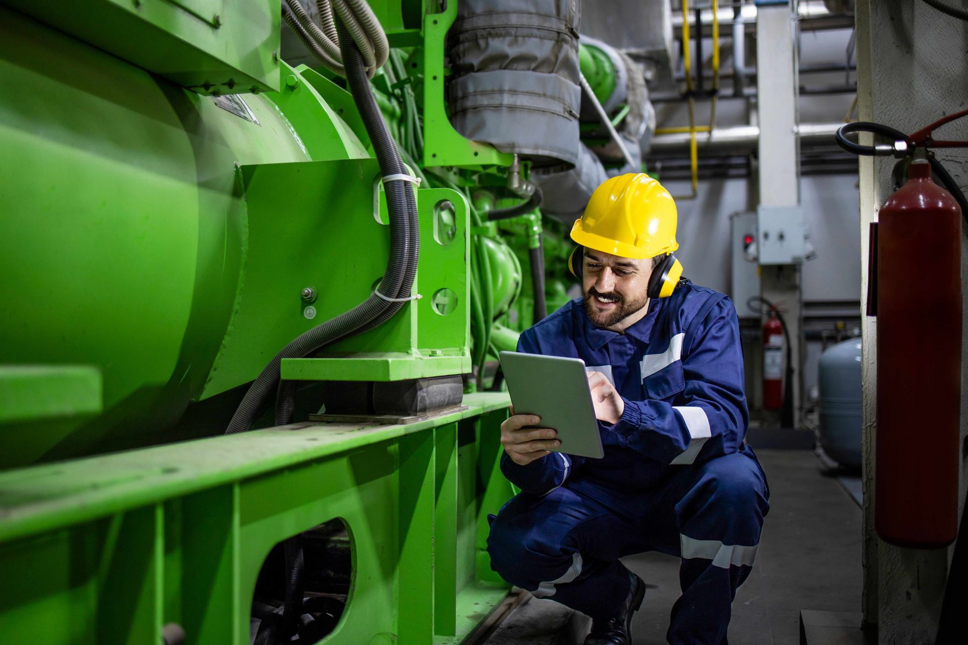 a man is kneeling down in front of a green machine while using a tablet .