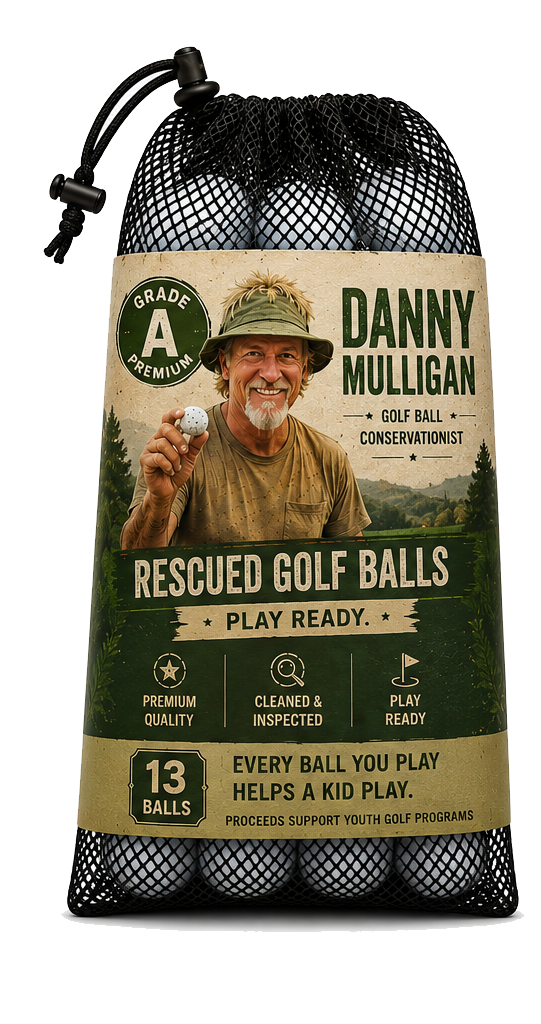 Danny Mulligan golf balls ad with smiling golfer, ball display, and vintage packaging.