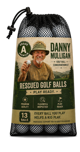 Danny Mulligan golf balls ad with smiling golfer, ball display, and vintage packaging.