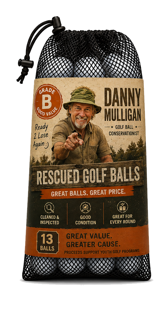 Green Danny Mulligan golf balls package with a smiling man and white golf balls displayed.