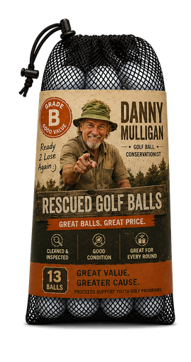 Green Danny Mulligan golf balls package with a smiling man and white golf balls displayed.