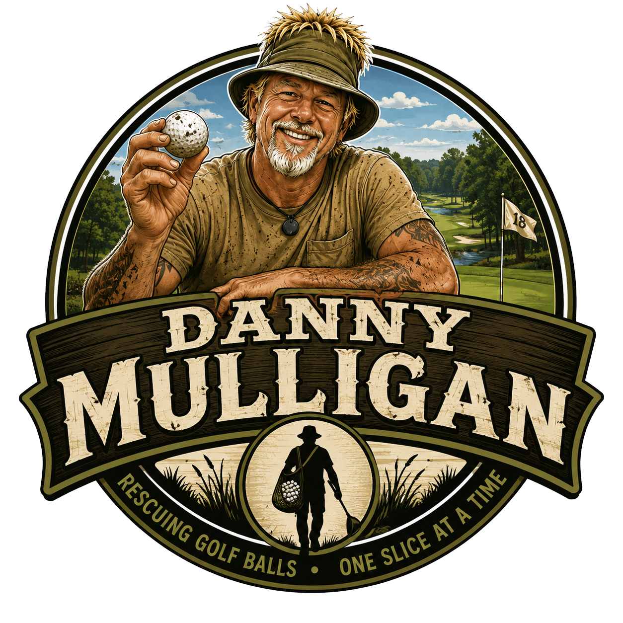 Danny Mulligan logo: smiling golfer holding a ball, with golf course background and slogan “Rescuing golf balls one slice at a time”
