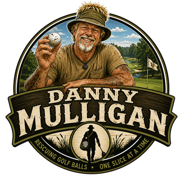 Danny Mulligan logo: smiling golfer holding a ball, with golf course background and slogan “Rescuing golf balls one slice at a time”