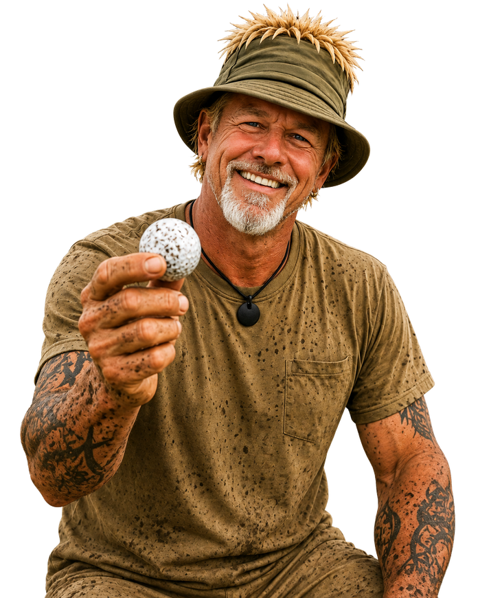 Smiling man in a straw hat holding a golf ball toward the camera, tattoos visible on his arms.