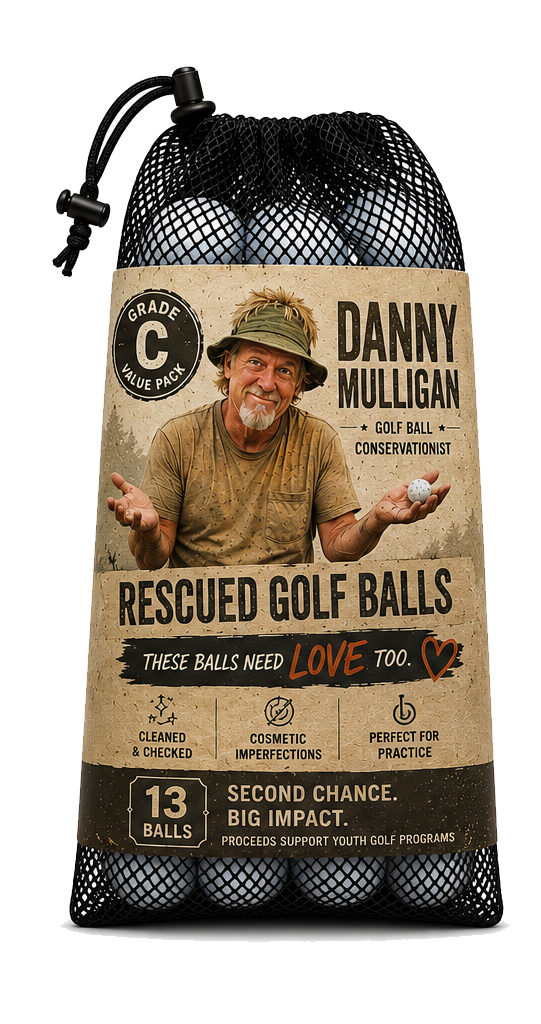 Danny Mulligan golf balls package with smiling man, golf balls, and vintage-style green label