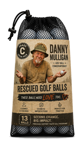 Danny Mulligan golf balls package with smiling man, golf balls, and vintage-style green label