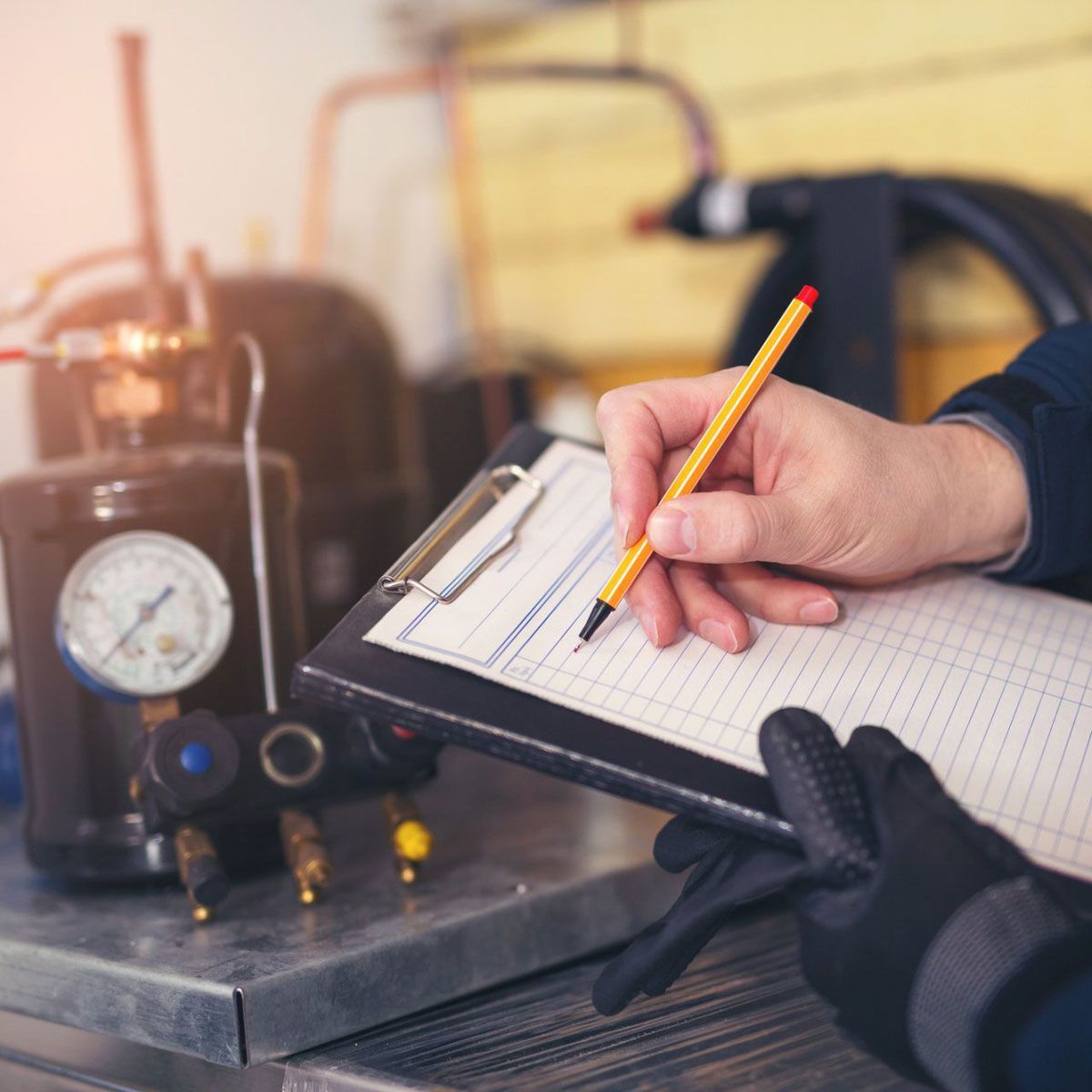 A person is writing on a clipboard with a pen. Heating Repair Services Flint MI
