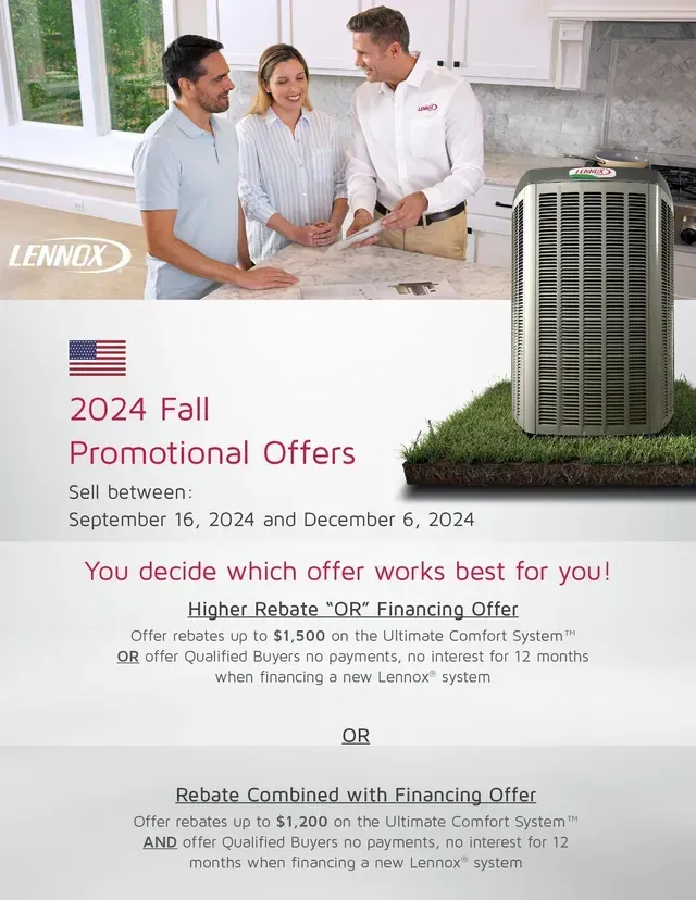 A man and a woman are standing next to a lennox air conditioner.