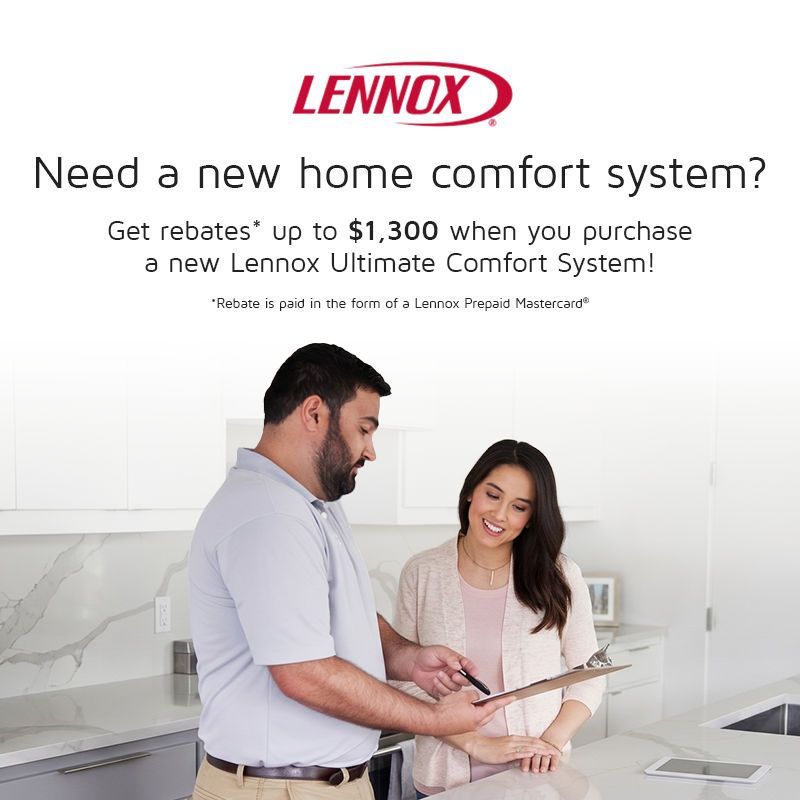Lennox ad: couple in a bright kitchen reviewing a tablet, promoting rebates on a new home comfort system