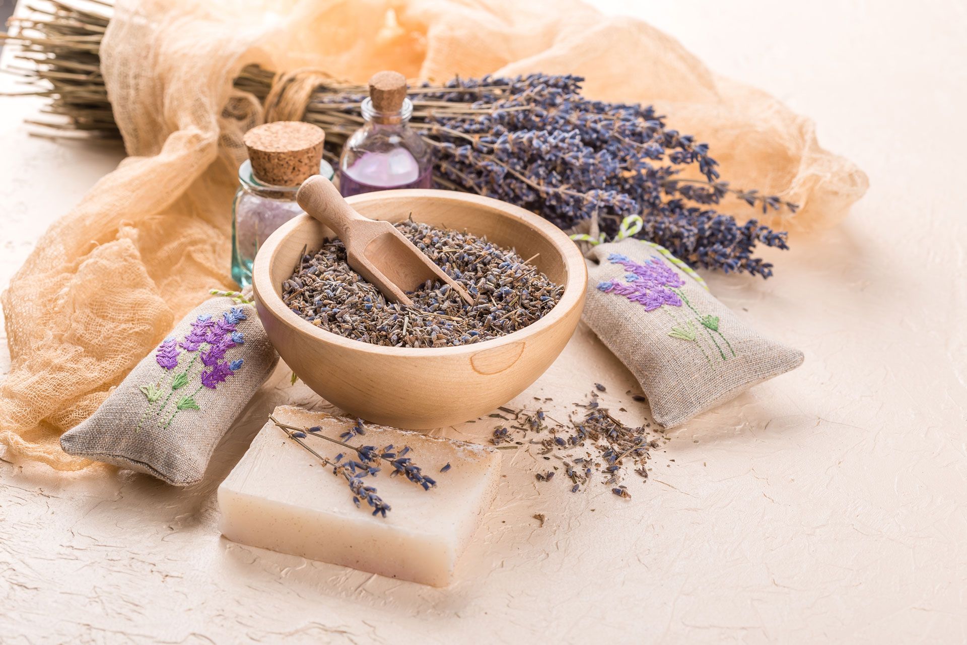 Wooden Bowl with Petals of Lavender