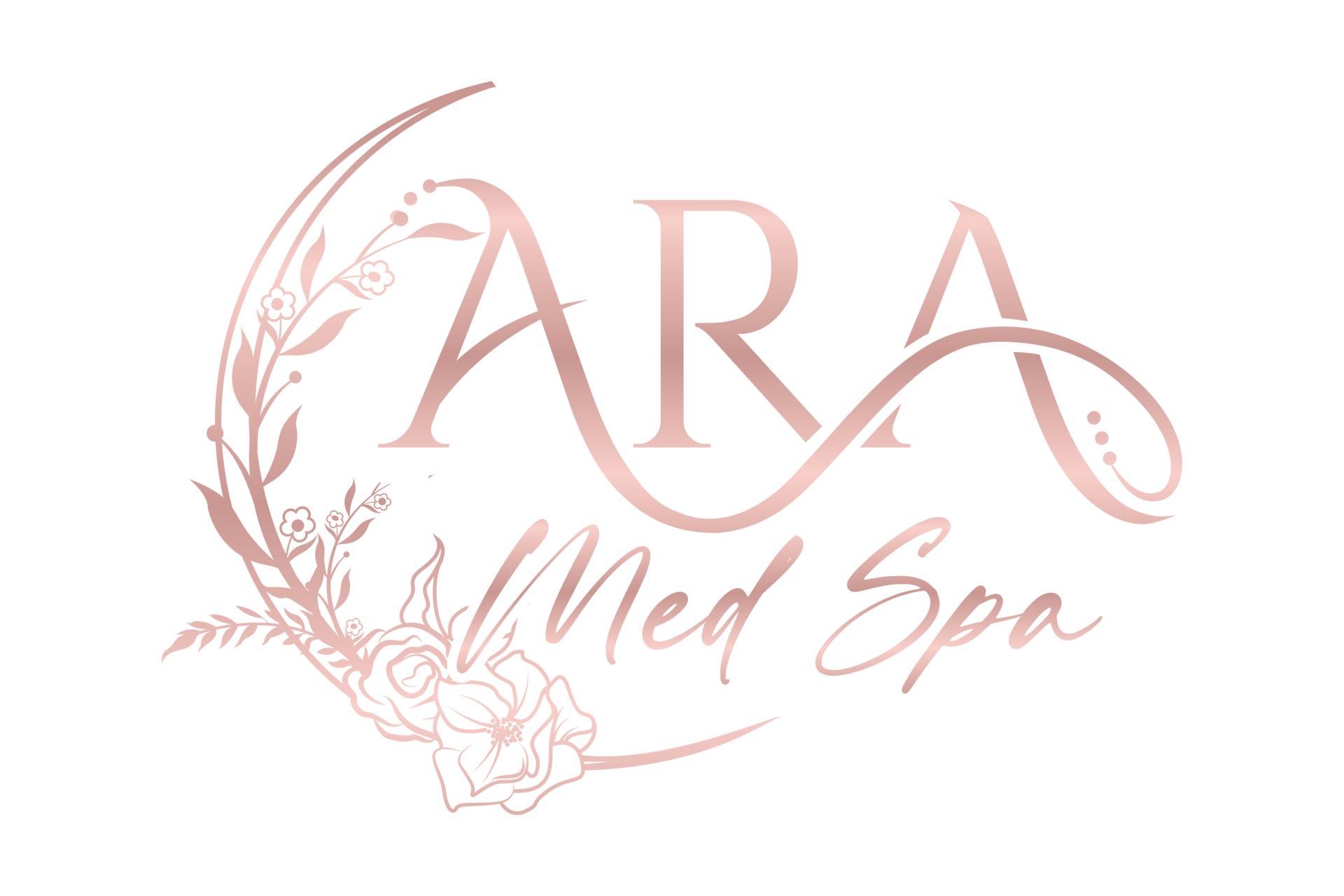 A logo for ara med spa with flowers and leaves on a white background.